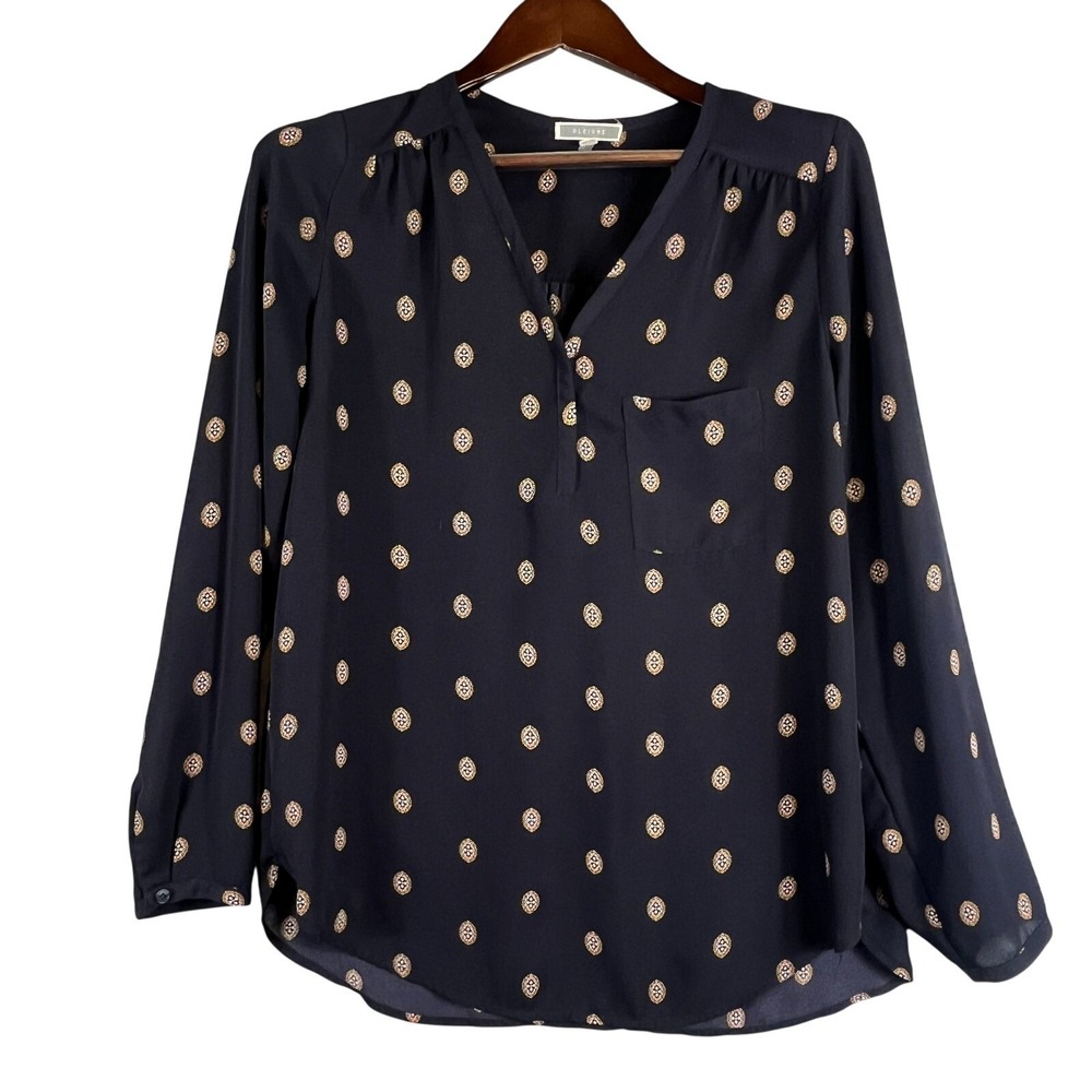 Womens M Navy Medallion Print Boho Peasant Tunic Blouse Career Top